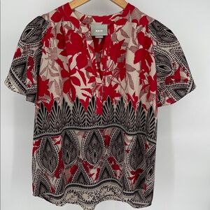 Maeve Red, Cream & Black Floral Paisley Short-Sleeve Blouse Women Size Medium